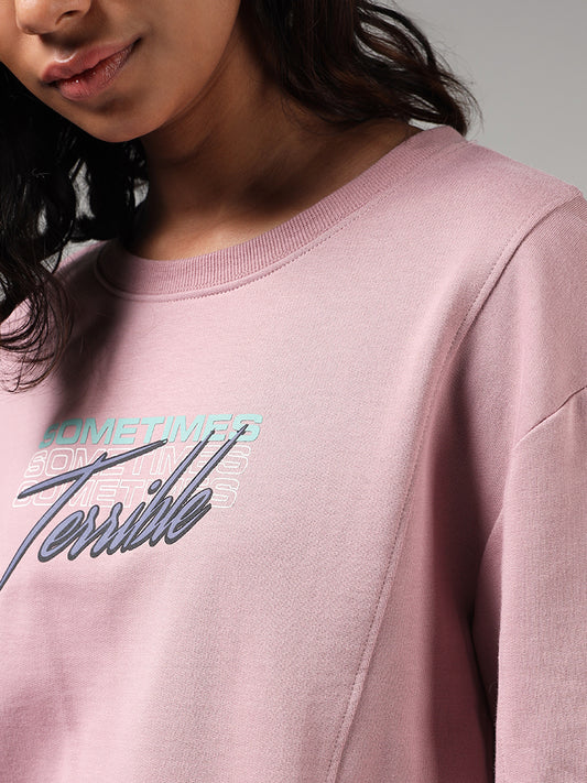 Studiofit Pink Typographic Printed Cotton Blend Sweatshirt