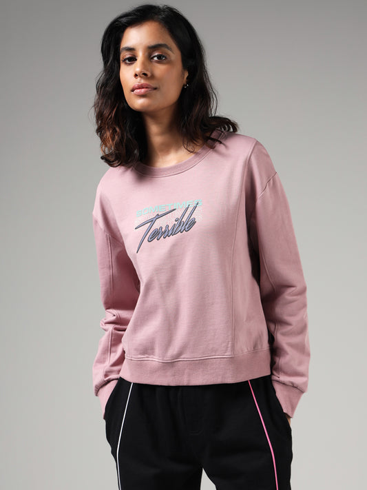 Studiofit Pink Typographic Printed Cotton Blend Sweatshirt