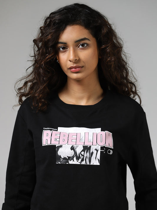 Studiofit Black Typographic Cotton Blend Sweatshirt