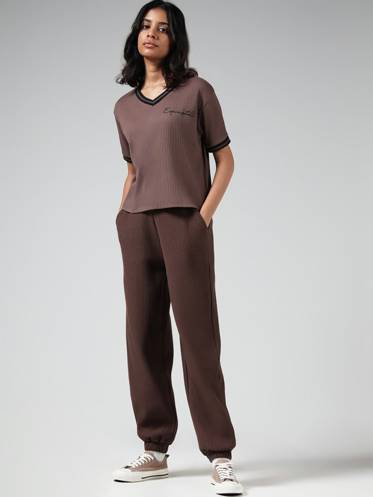 Westside Solid Buy from Studiofit Brown Joggers High-Waisted