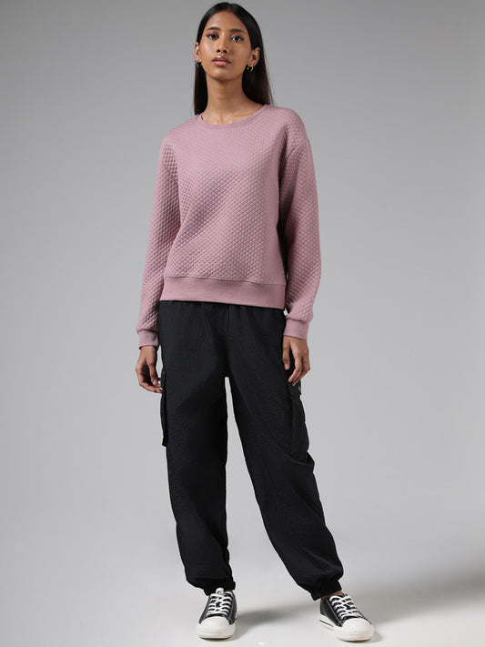 Studiofit Pink Self-Textured Cotton Blend Sweatshirt