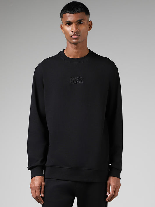 Studiofit Black Embroidered Cotton Blend Relaxed Fit Sweatshirt