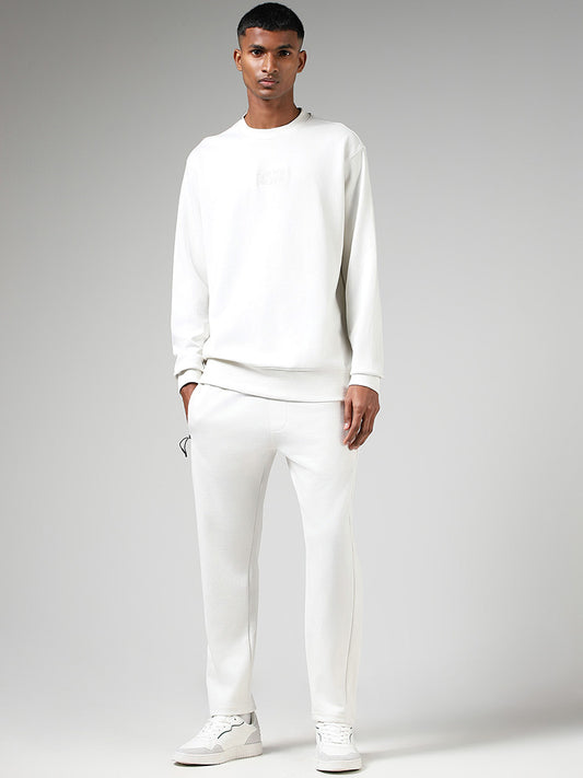 Studiofit Solid White Cotton Blend Relaxed Fit Track Pants