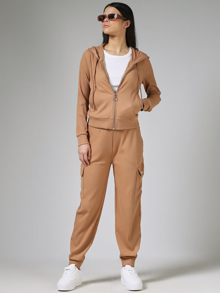 Studiofit Chic Self-Striped Light Beige Hoodie Jacket
