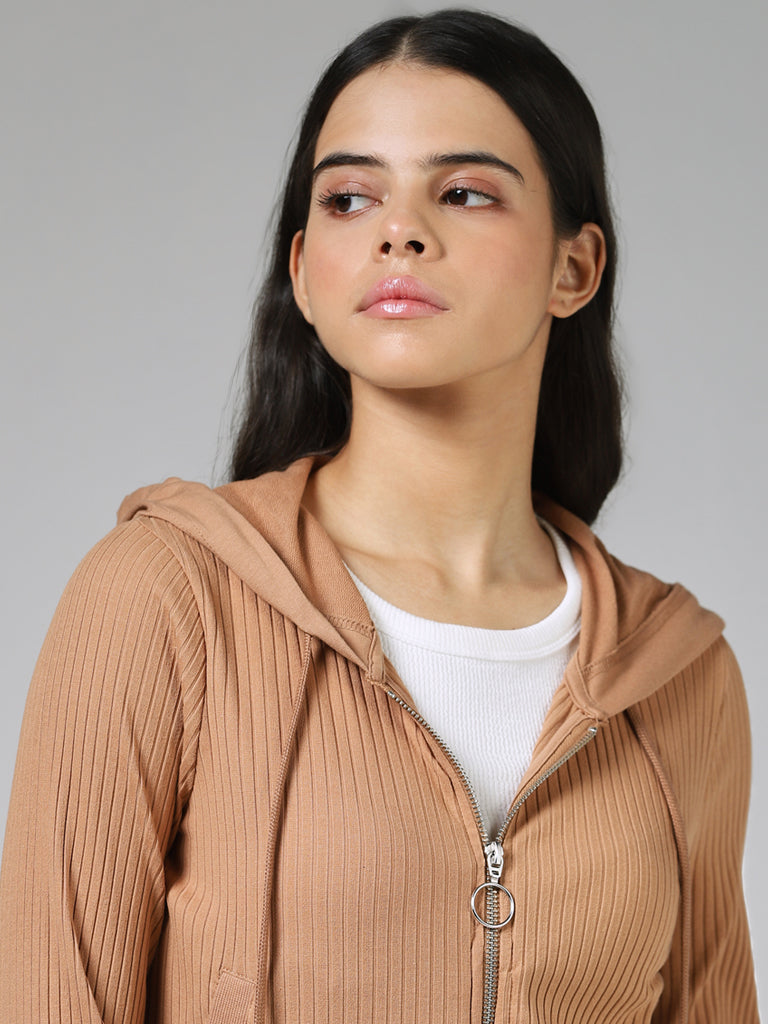 Studiofit Chic Self-Striped Light Beige Hoodie Jacket