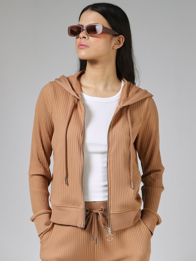 Studiofit Chic Self-Striped Light Beige Hoodie Jacket