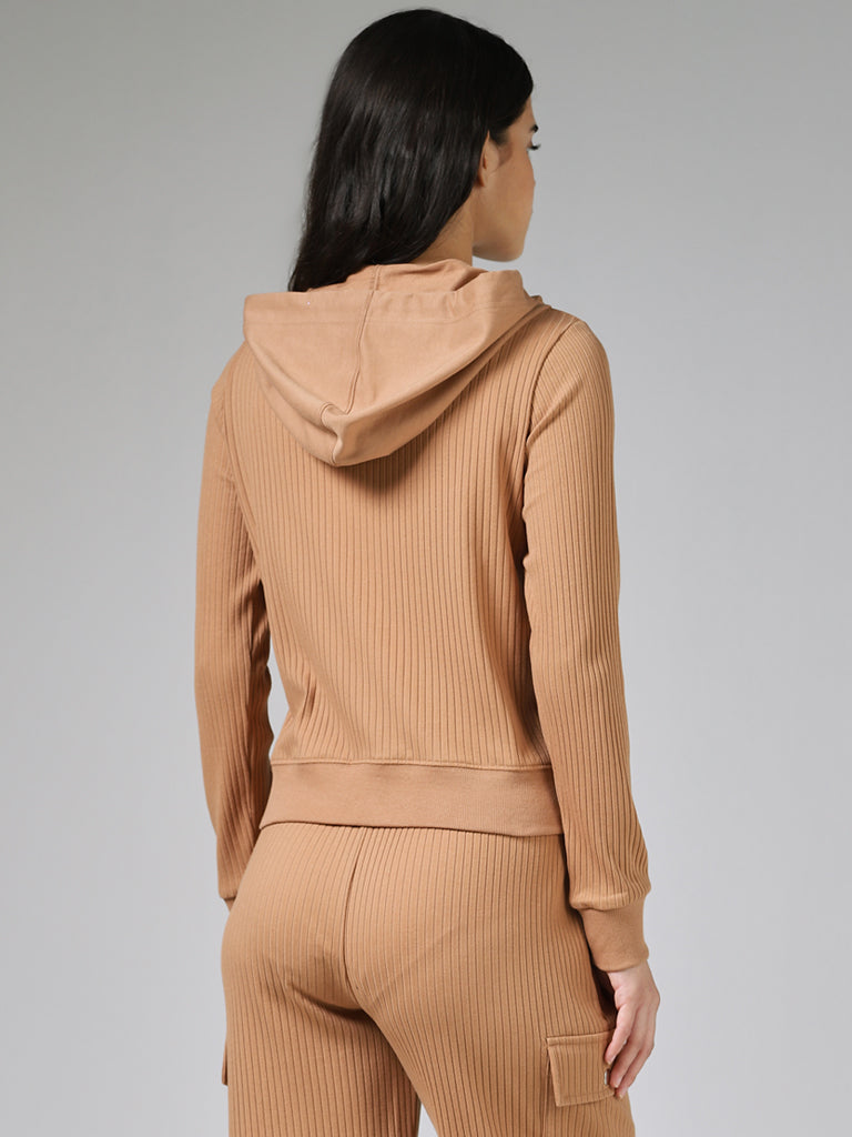 Studiofit Chic Self-Striped Light Beige Hoodie Jacket