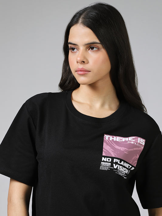 Studiofit Graphic Printed Black Cotton Oversized Crop T-Shirt