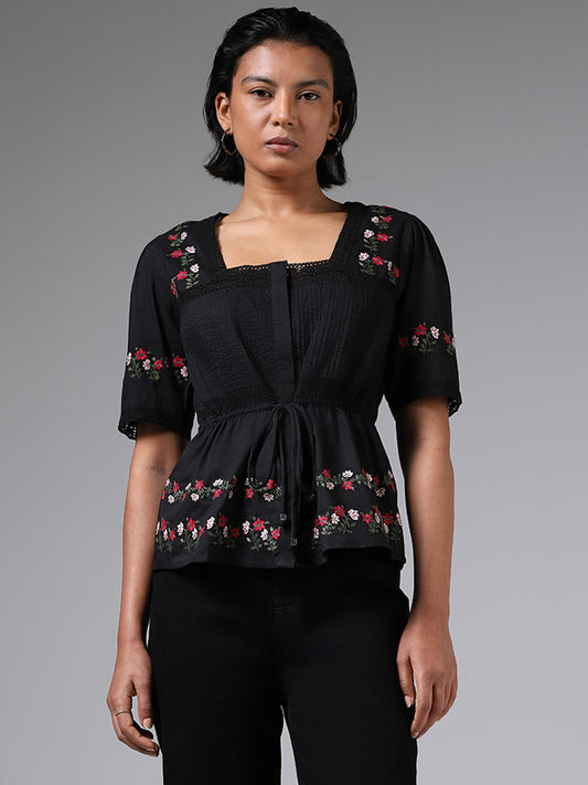 LOV Floral Embroidered Black Cotton Top