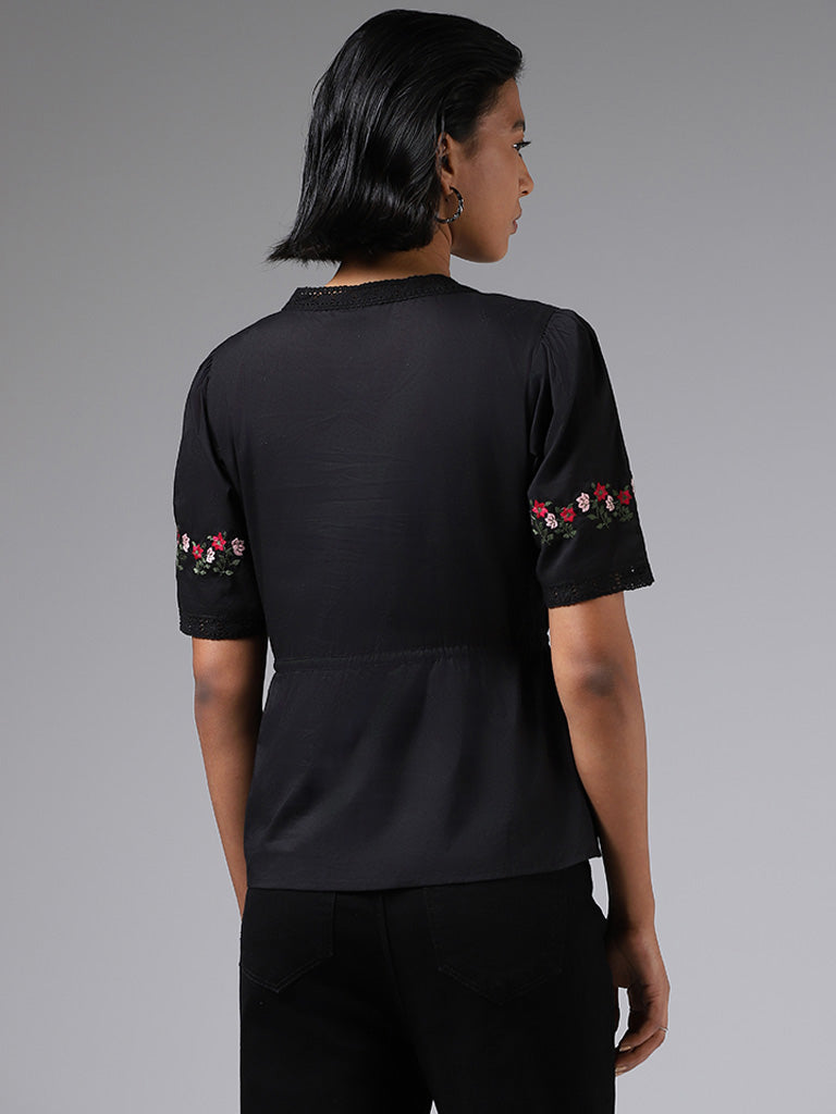 LOV Floral Embroidered Black Cotton Top
