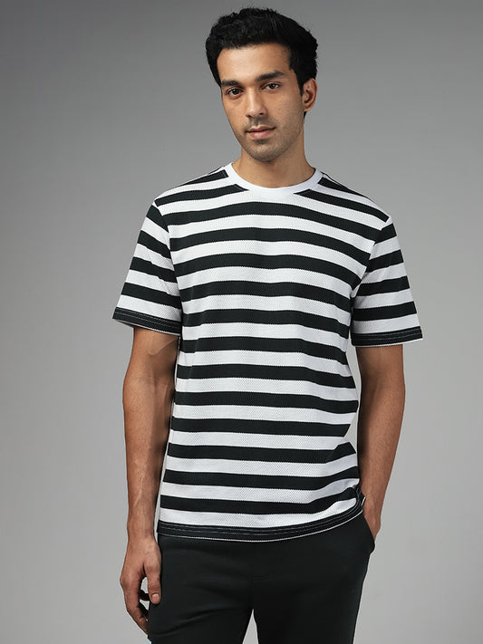 WES Lounge Dark Olive & White Striped Cotton Blend Relaxed Fit T-Shirt