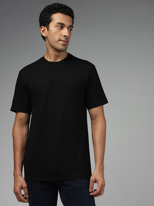 WES Lounge Black Self-Striped Cotton Blend Relaxed Fit T-Shirt