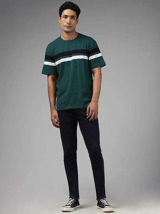 WES Lounge Striped Emerald Green Cotton Blend Relaxed T-Shirt