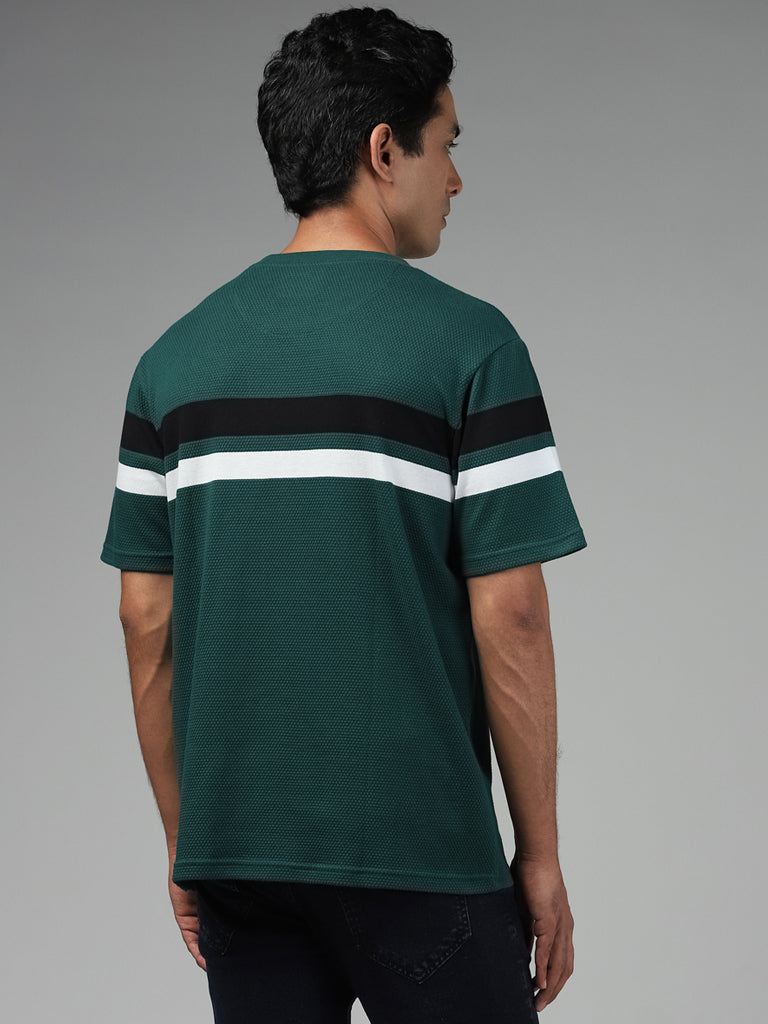 WES Lounge Striped Emerald Green Cotton Blend Relaxed T-Shirt