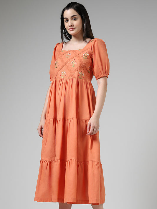 Bombay Paisley Coral Floral Embroidered Cotton Tiered Dress