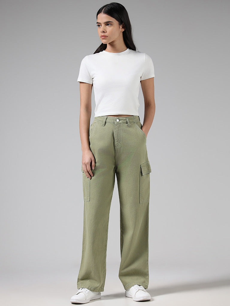 Buy Nuon Solid Sage Green High-Rise Denim Cargo Pants from Westside