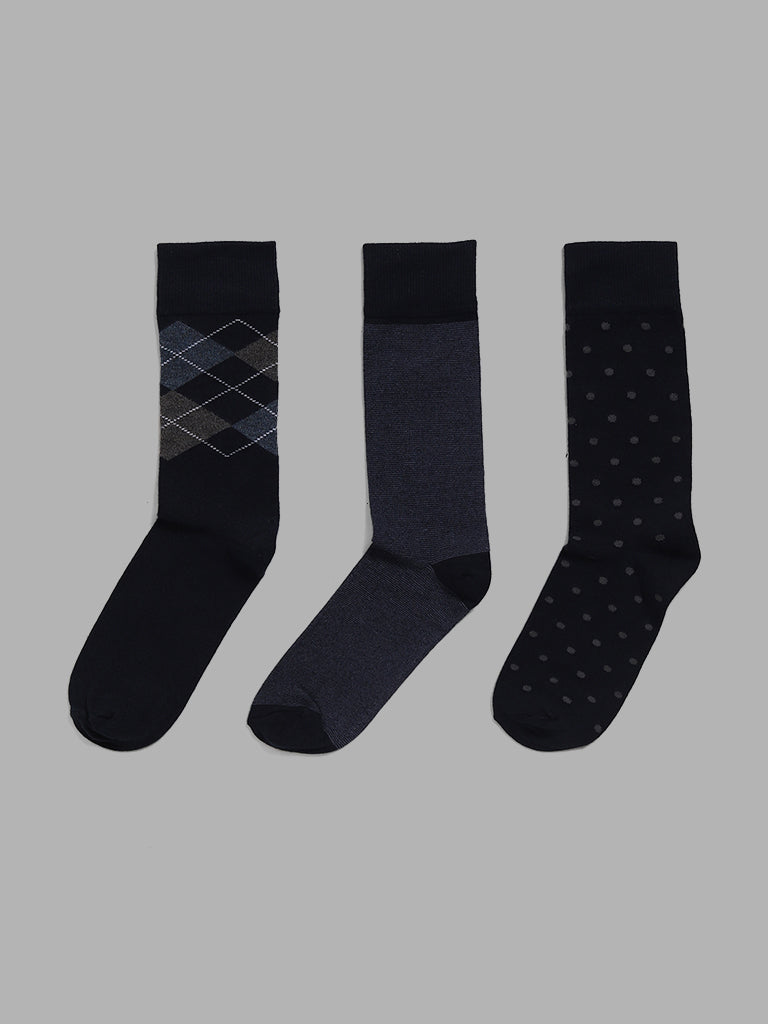 WES Lounge Blue Printed Cotton Blend Full Length Socks - Pack of 3