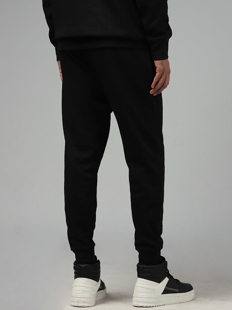 WES Lounge Solid Black Cotton Blend Relaxed-Fit Joggers