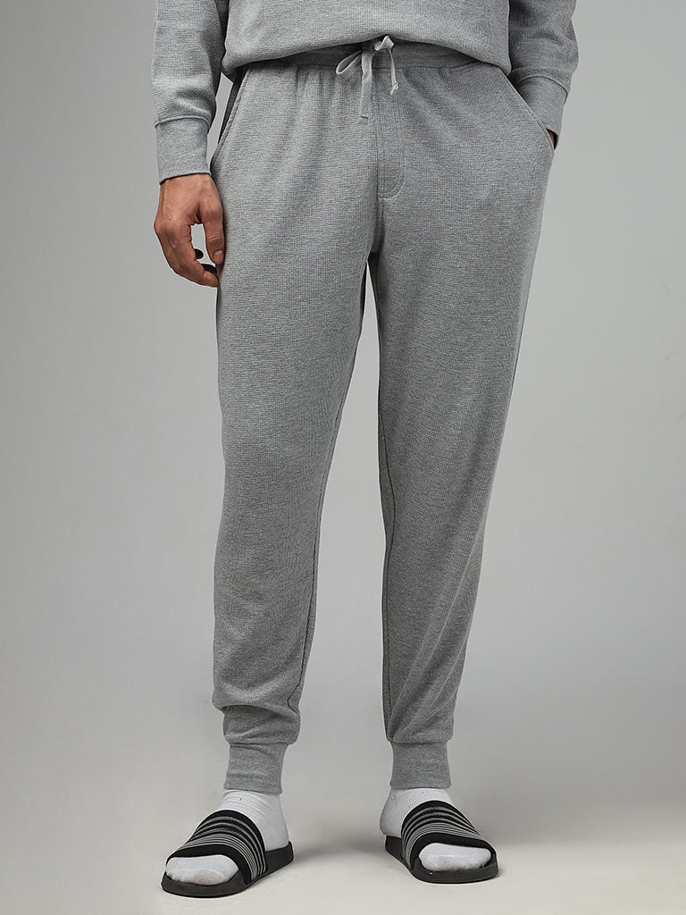 WES Lounge Solid Grey Cotton Blend Relaxed-Fit Joggers