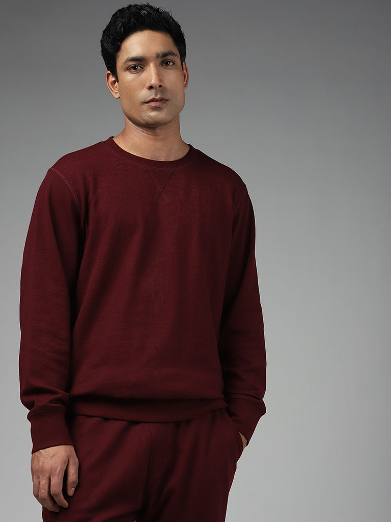 WES Lounge Solid Wine Ribbed Relaxed Fit Sweatshirt