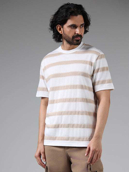 WES Lounge Off White Breton Striped Cotton Blend Relaxed Fit T-Shirt