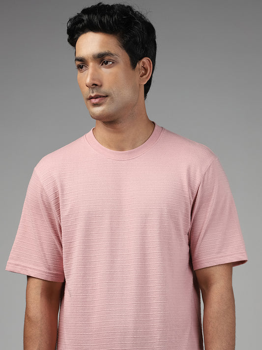 WES Lounge Dobby Patterned Dusty Pink Cotton Blend Relaxed Fit T-Shirt