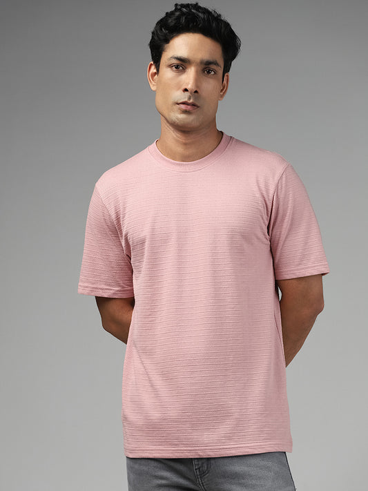 WES Lounge Dobby Patterned Dusty Pink Cotton Blend Relaxed Fit T-Shirt