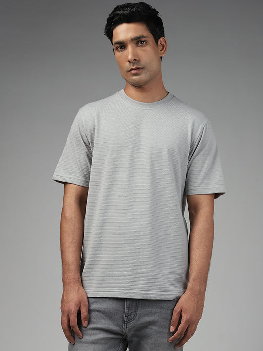 WES Lounge Dobby Patterned Grey Cotton Blend Relaxed Fit T-Shirt