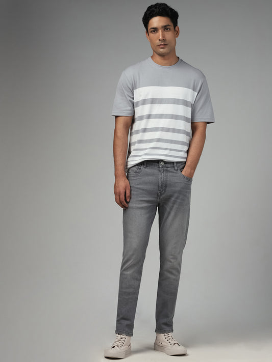 WES Lounge Grey Striped Cotton Blend Relaxed Fit T-Shirt