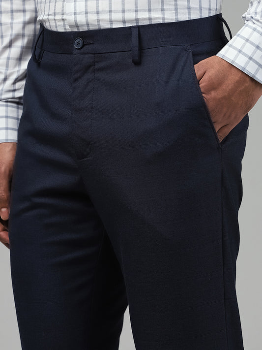 WES Formals Solid Navy Blue Carrot Fit Trousers