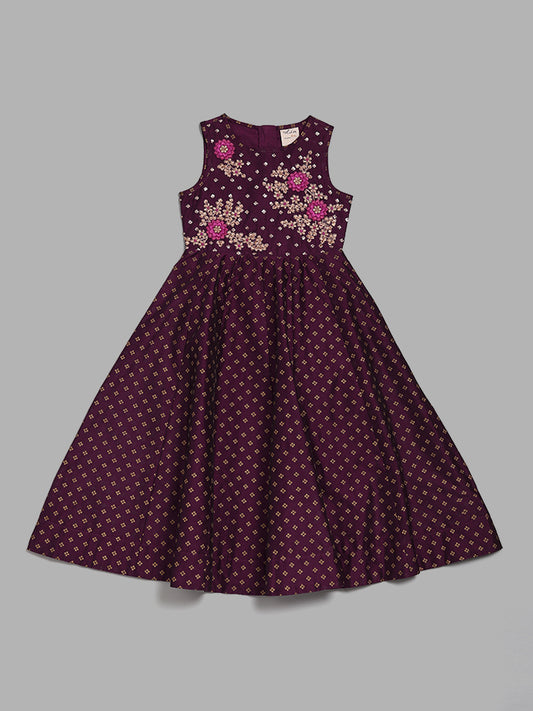 Utsa Kids by Dark Purple Floral Embroidered Maxi Dress (2 - 8yrs)