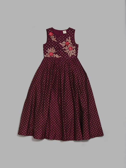 Utsa Kids by Dark Purple Floral Embroidered Maxi Dress (8 -14yrs)