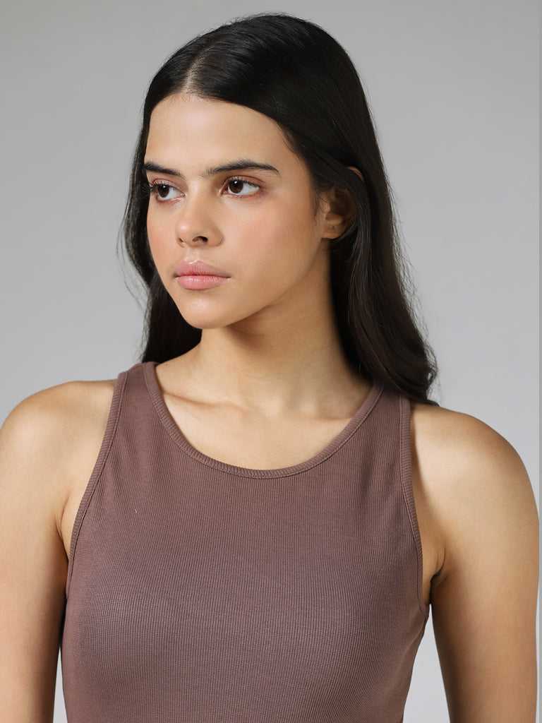 Studiofit Solid Chocolate Brown Fitted Dress