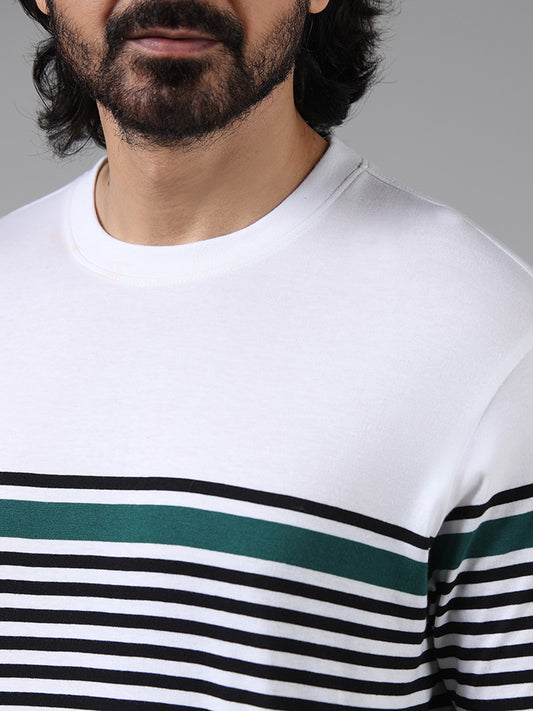 WES Lounge White Striped Cotton Relaxed Fit T-Shirt