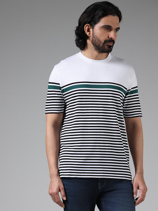 WES Lounge White Striped Cotton Relaxed Fit T-Shirt