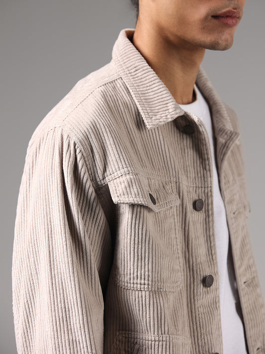 Nuon Beige Corduroy Cotton Relaxed Fit Jacket