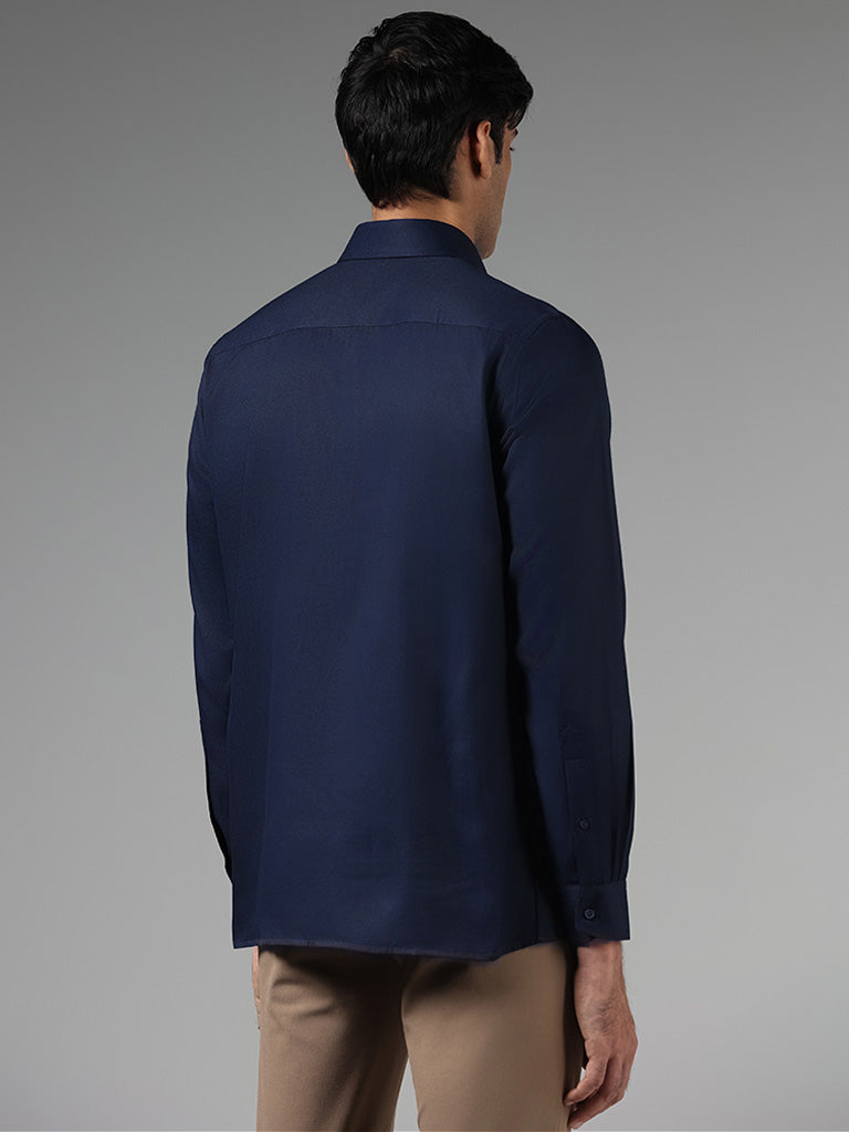 Westside WES Formals Men's Solid Navy Slim-Fit Shirt for Work Wear Back View