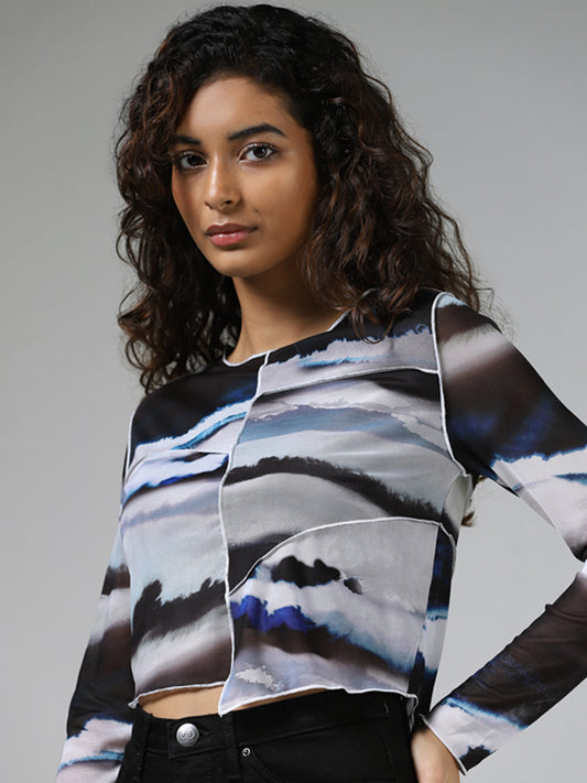 Nuon Blue Abstract Printed Crop Top