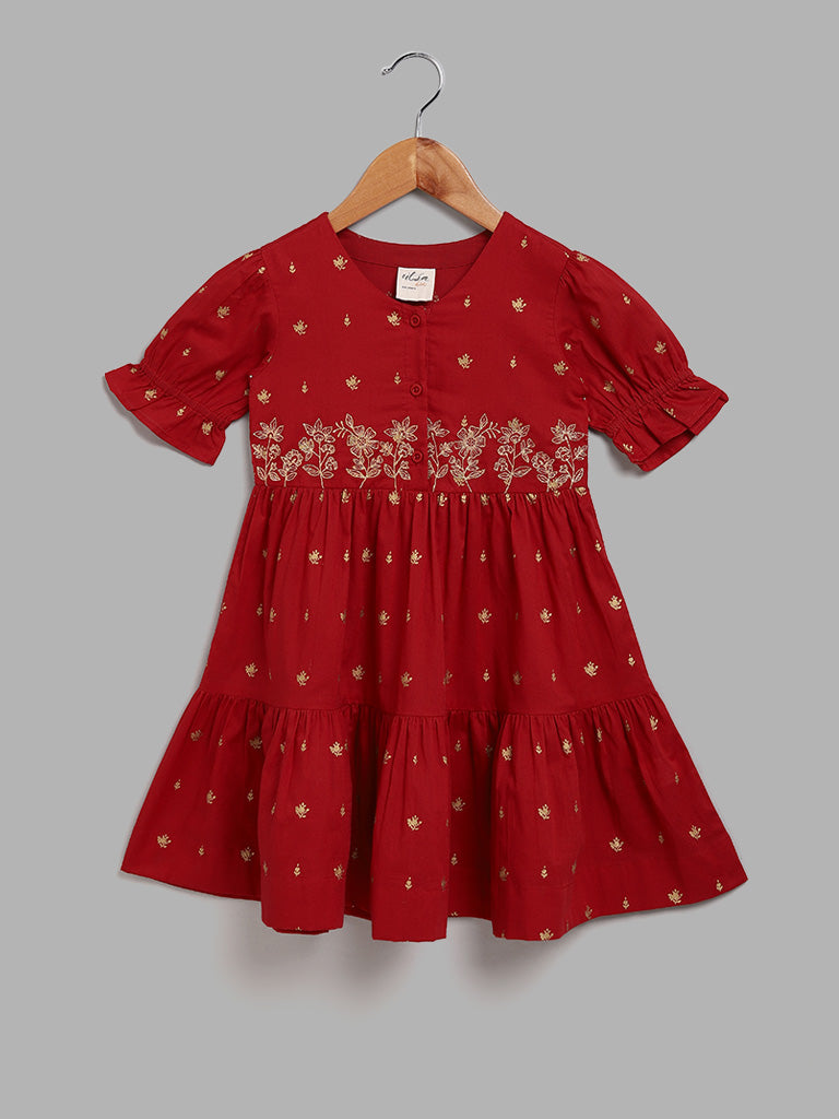 Utsa Kids Red Floral Foil Printed Gathered Dress (2 - 8yrs)
