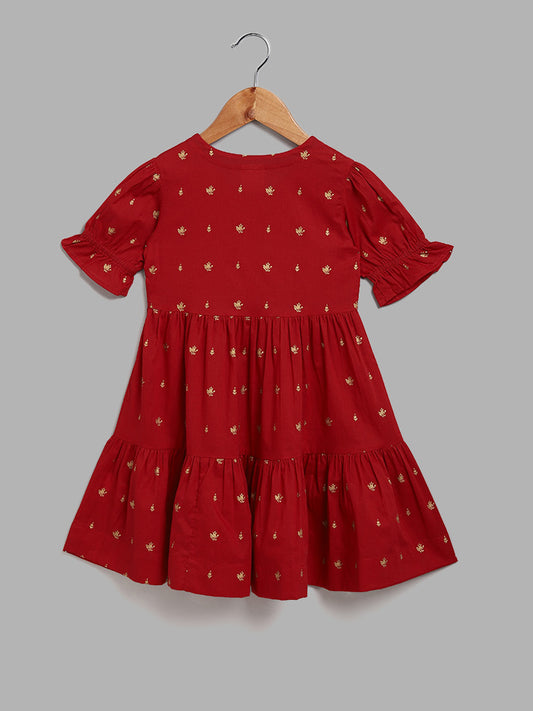 Utsa Kids Red Floral Foil Printed Gathered Dress (2 - 8yrs)