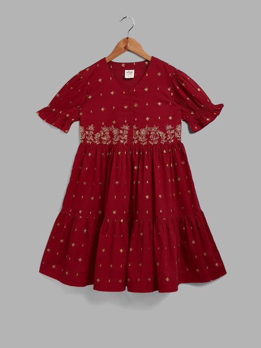 Utsa Kids Embroidered Maroon A-Line Dress (8 -14yrs)
