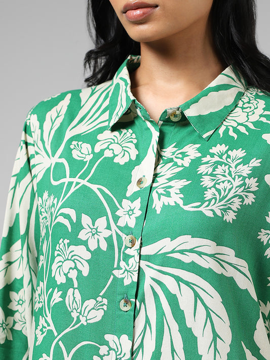 Utsa Green Floral Printed Buttoned Down Kurta
