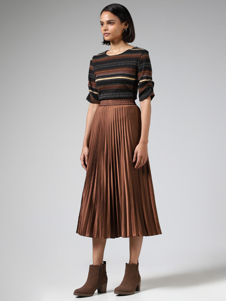Pleated midi on sale skirt brown