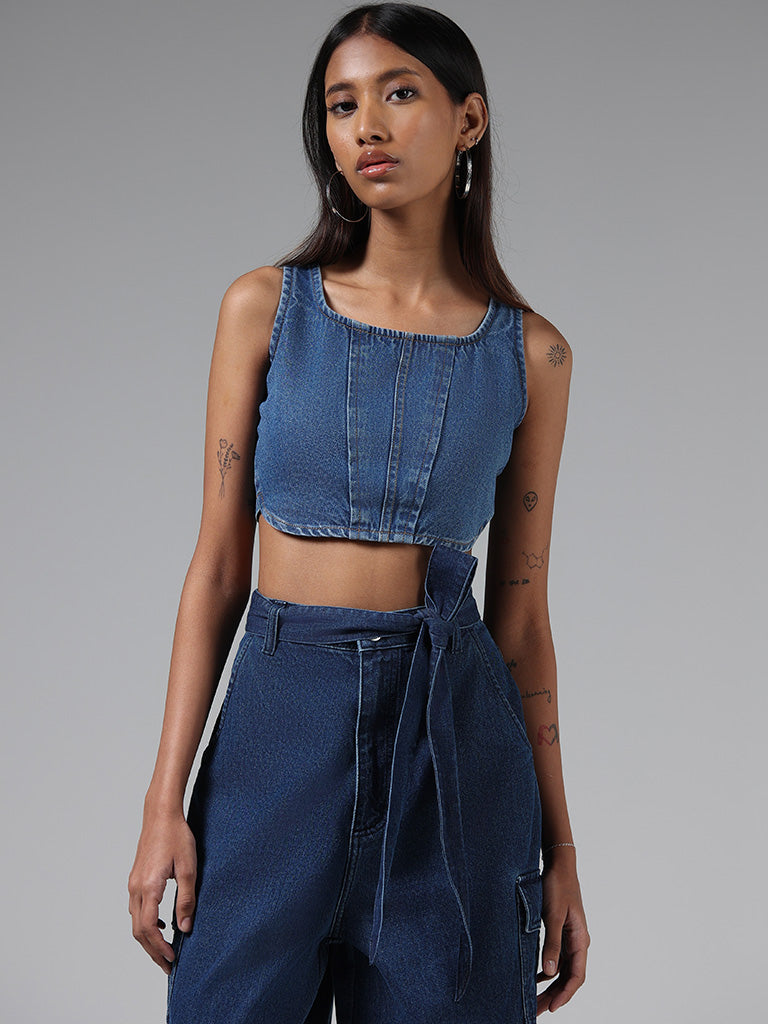 Buy Nuon Solid Mid Blue Denim Corset Top from Westside