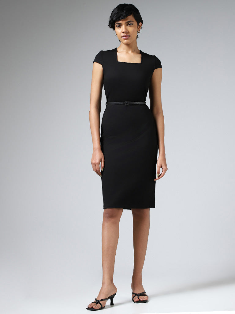 Buy Wardrobe Solid Black Dress With Belt from Westside