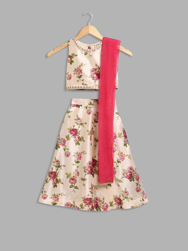 Utsa Kids Beige Floral Printed Top, Skirt and Dupatta Set (2 - 8yrs)
