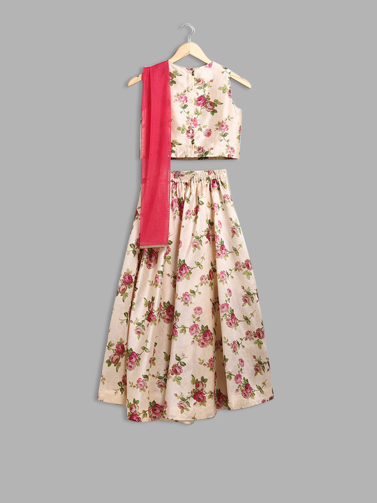 Utsa Kids Beige Floral Printed Top, Skirt and Dupatta Set (8 -14yrs)