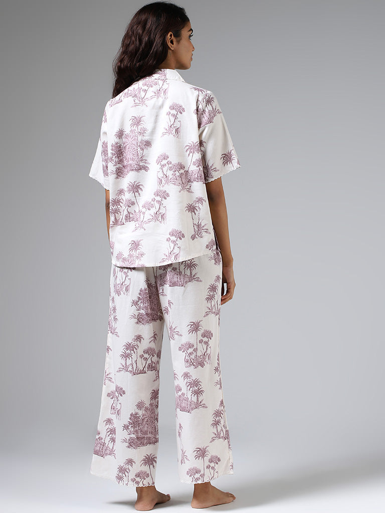 Wunderlove White & Taupe Printed Shirt & Pyjamas Set
