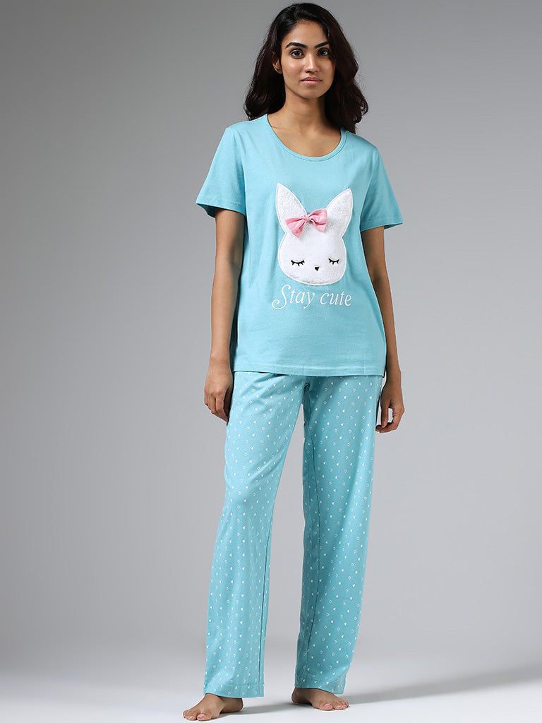 Buy Wunderlove Sea Green Printed T-Shirt & Pyjamas Set from Westside