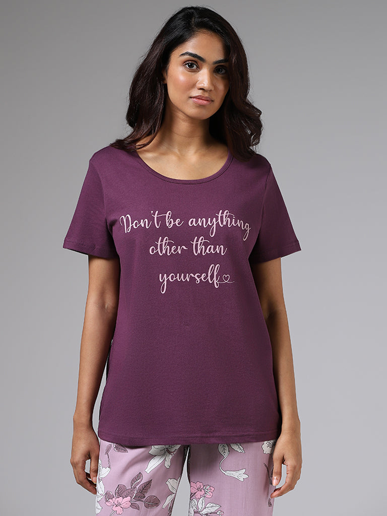 Buy Wunderlove Dark Purple Typographic Printed T-Shirt from Westside